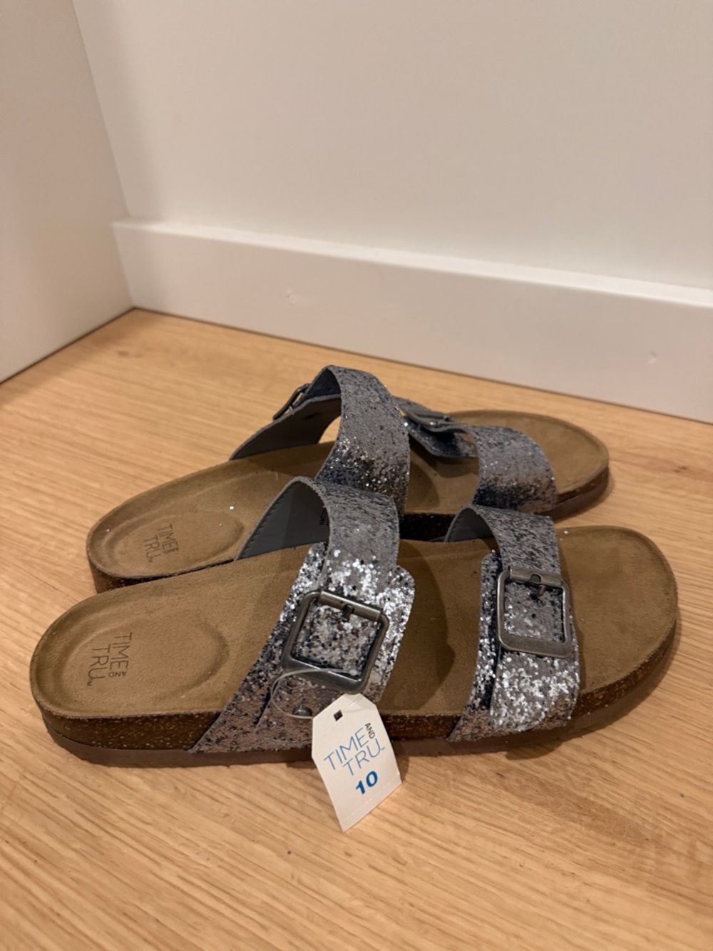 Time and Tru Kids' Silver Glitter Double-Strap Sandals